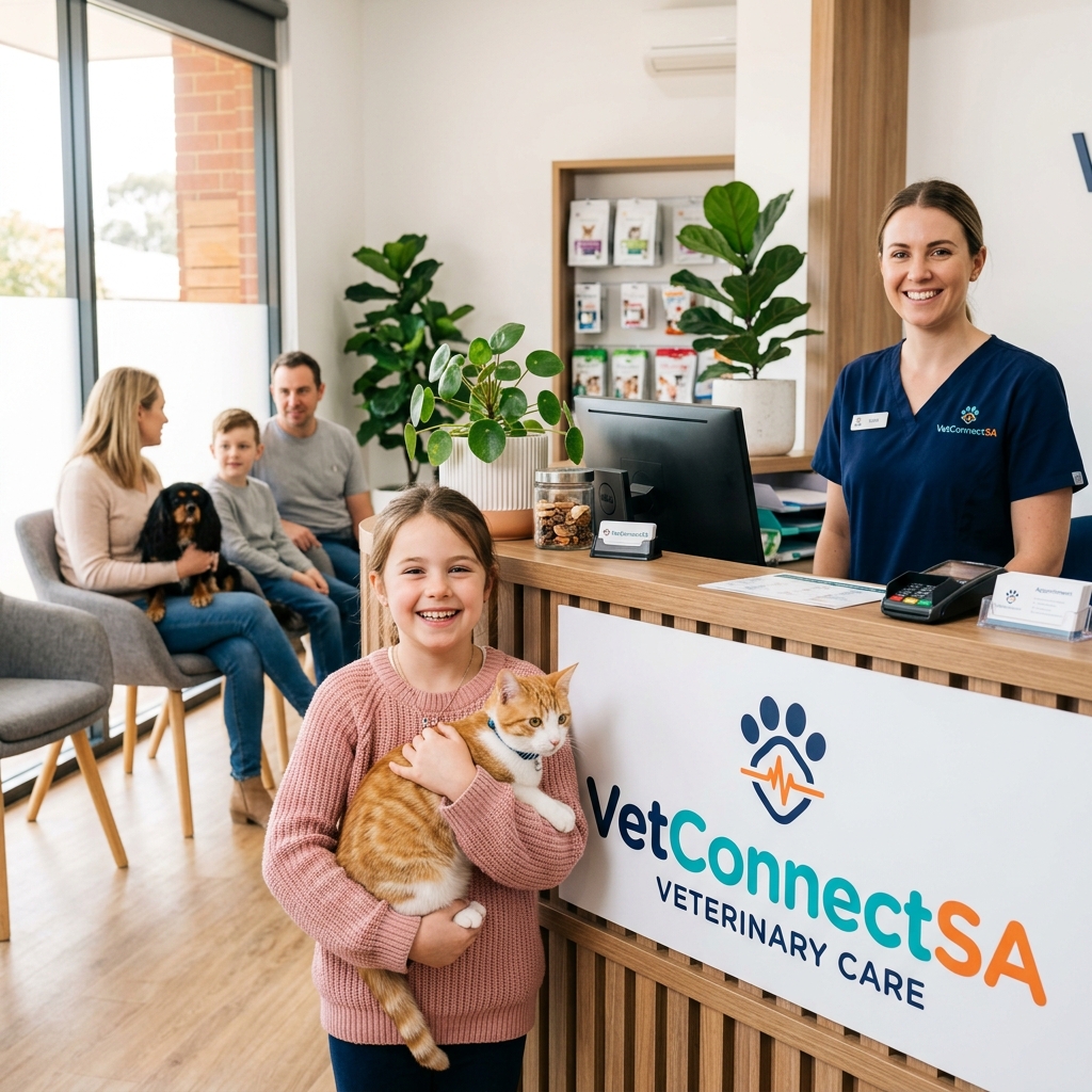 Little girl holding orange cat at VetConnectSA reception counter